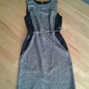 100% Wool Dress with Super Soft Black Leather Sz 6 Midi